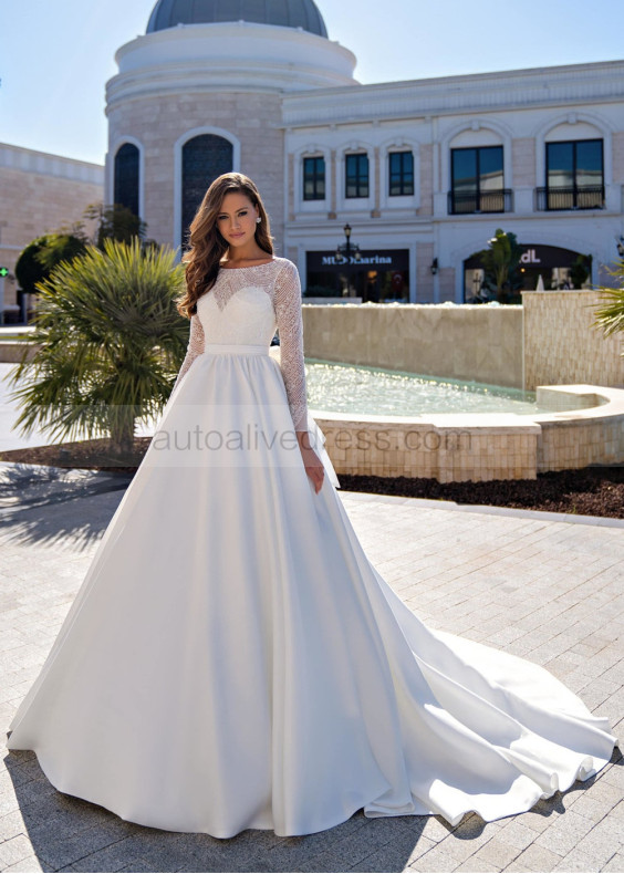 Boat Neck Beaded White Satin Wedding Dress